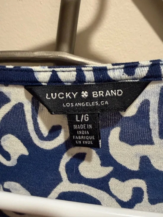 Lucky Brand Navy & White V-Neck Printed Long Sleeve Blouse, Size L - Picture 2 of 5